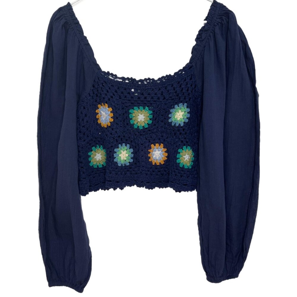 1110 aerie Crochet Bodice Elastic Neck Balloon Sleeves Crop Top Womens
